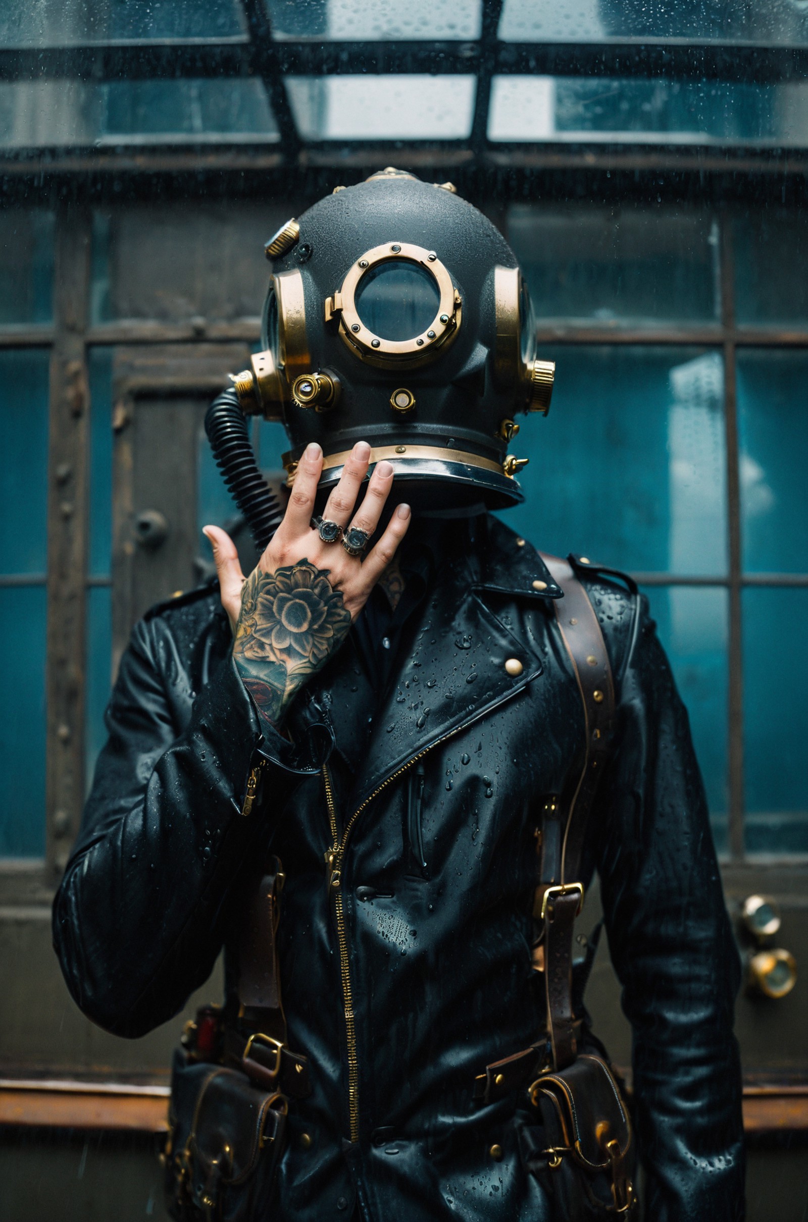 film aesthetic,Surreal portrait, man in vintage diver's helmet, glass portholes obscuring face, rain-soaked ambiance, urba...